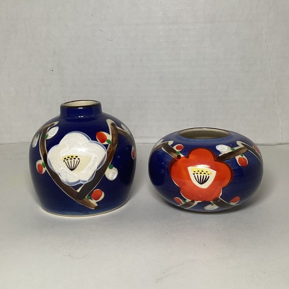 Japanese Cobalt Blue Plum Blossom Bud Vase Set Hand Painted Ceramic 2pc